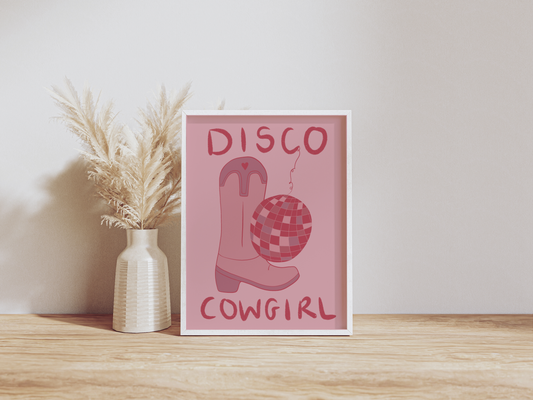 framed cowboy boot and disco ball print